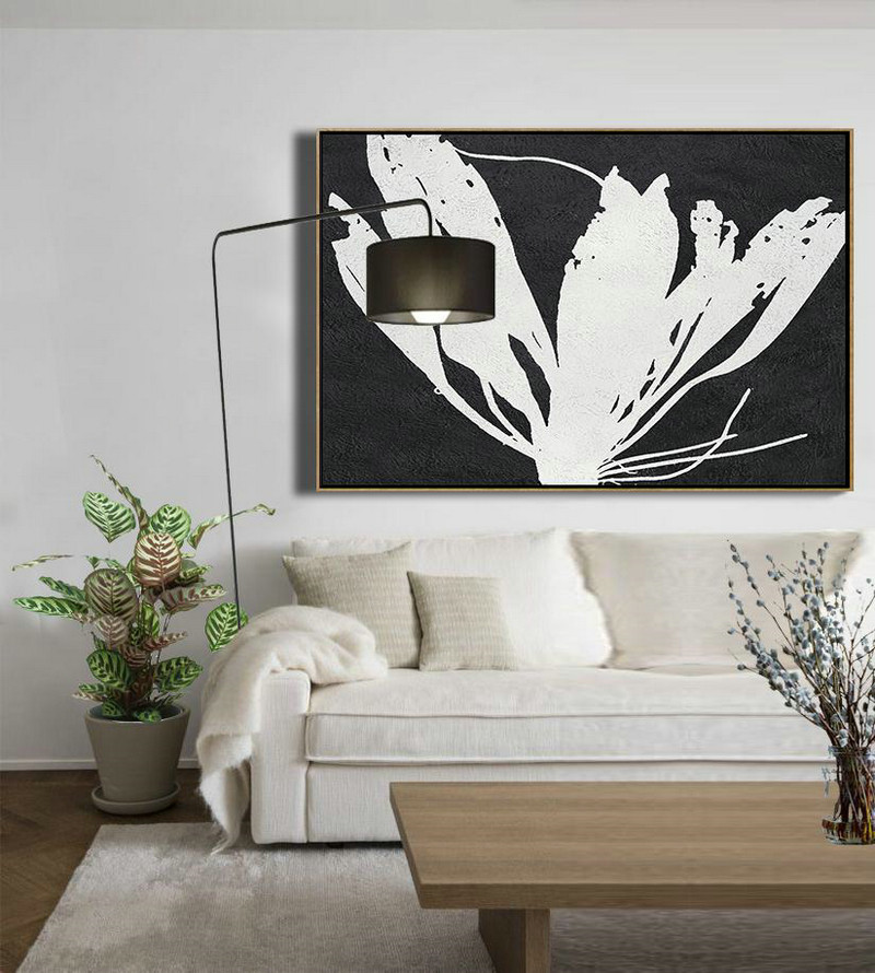 Big Art Canvas,Oversized Horizontal Minimal Art On Canvas, Black And White Minimalist Flower Art - Large Wall Art Canvas